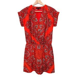Banana Republic Paisley Romper Red Orange Boho Elastic Waist Short Sleeve 4